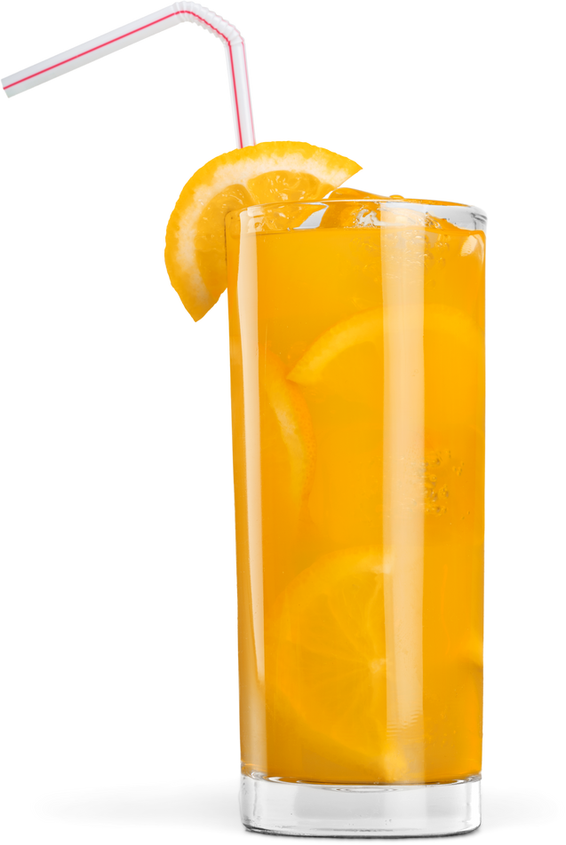 A glass of orange juice with a straw